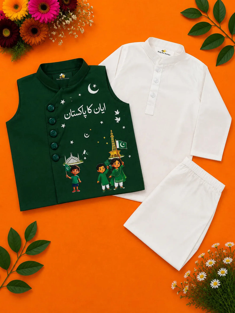 Kids white kurta pajama with green Pakistan printed waistcoat for 14 August