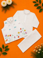 Kids white kurta pajama with floral embroidered white waistcoat by Baby Bee Boutique