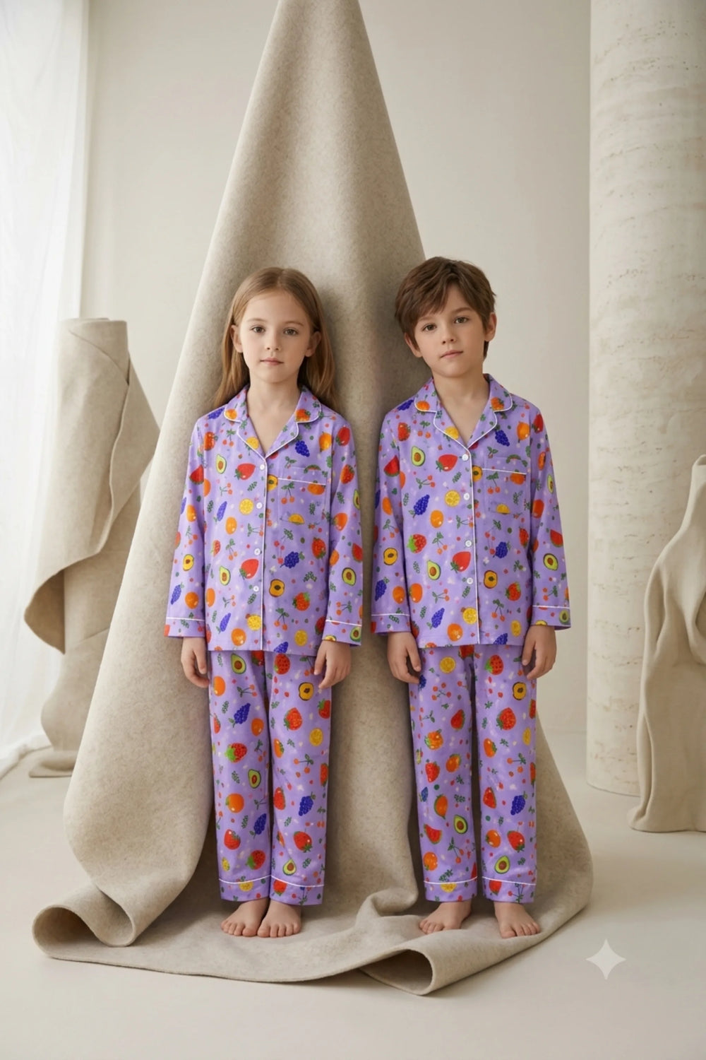 Twin girl and boy wearing matching lavender purple linen button-down pajama sets featuring a vibrant garden fruit print with white piping.