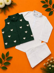 Kids white kurta pajama with emerald green embroidered heart waistcoat by Baby Bee Boutique