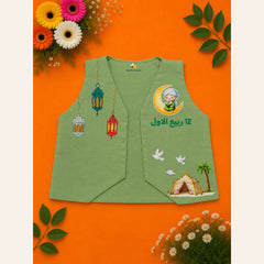 Pistachio green kids Islamic waistcoat featuring lanterns, crescent moon, Arabic 12 Rabi ul Awwal calligraphy, doves and festive artwork from Baby Bee Boutique's Rabi ul Awal Edit '26.