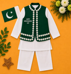 Boys white cotton kurta shalwar with green floral Independence Day waistcoat by Baby Bee Boutique