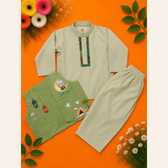 Premium cream boys kurta set with matching trousers and pistachio green Rabi ul Awal waistcoat featuring lanterns, Arabic 12 Rabi ul Awwal calligraphy, crescent moon, doves and Islamic festive artwork.