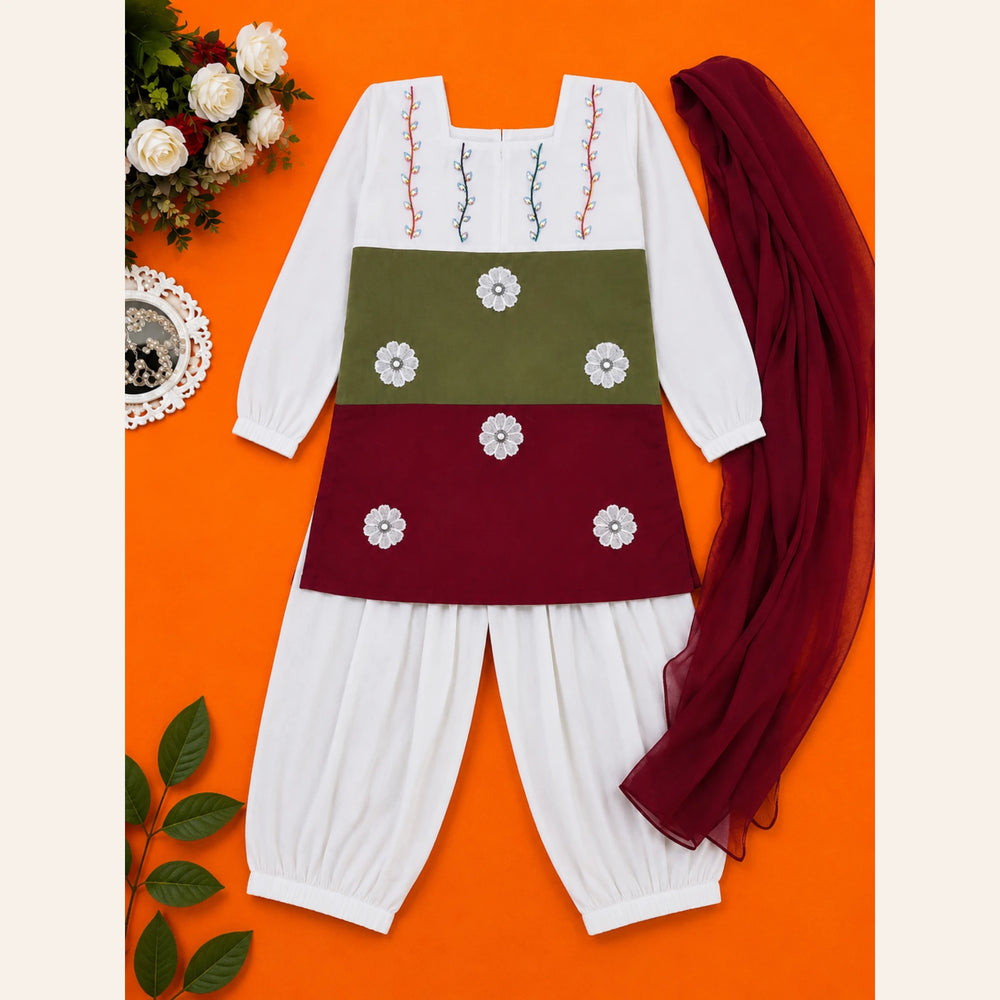 Premium girls Rabi ul Awal outfit featuring embellished white kurti, olive green and maroon daisy panel, white balloon trousers and maroon chiffon dupatta for ages 5–10 years.