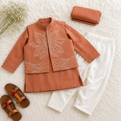 Shahzada Rust Terracotta Raw Silk Beaded Waistcoat Set