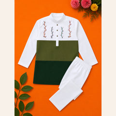 Premium boys embroidered white, olive green and emerald green kurta with matching white trousers from Baby Bee Boutique's Rabi ul Awal Edit '26.