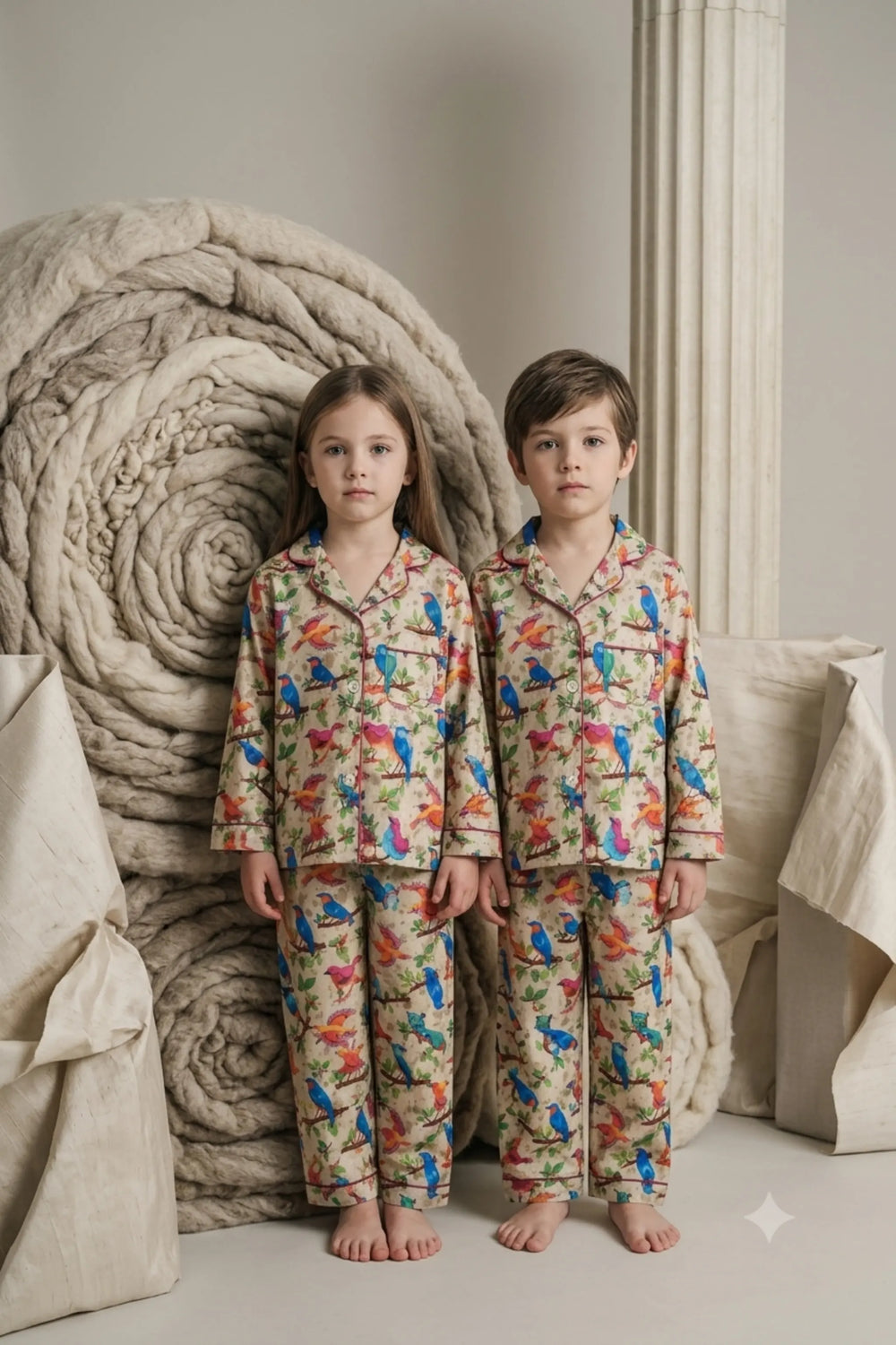 Twin girl and boy wearing matching beige linen button-down pajama sets featuring a colorful botanical bird print with contrast piping.