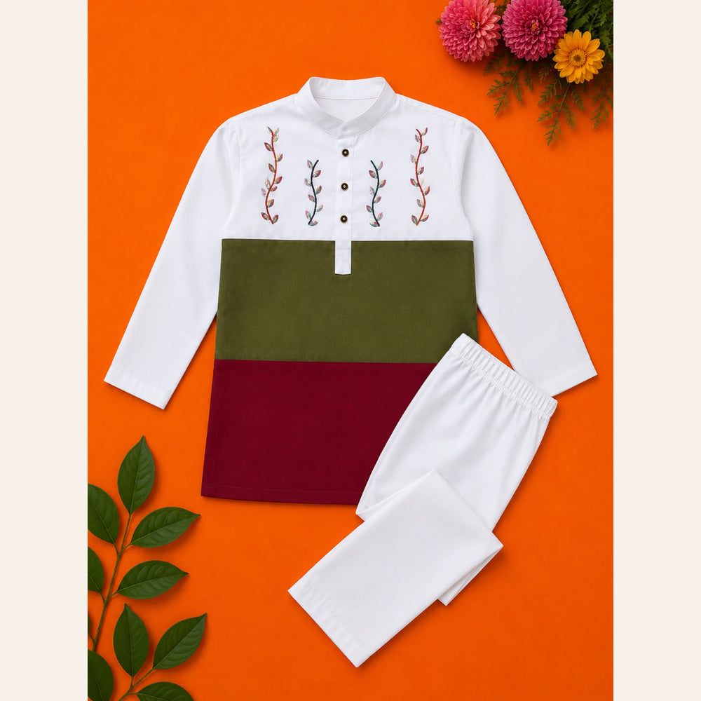 Premium boys white, olive green and maroon embroidered kurta with matching white trousers from Baby Bee Boutique's Rabi ul Awal Edit '26.