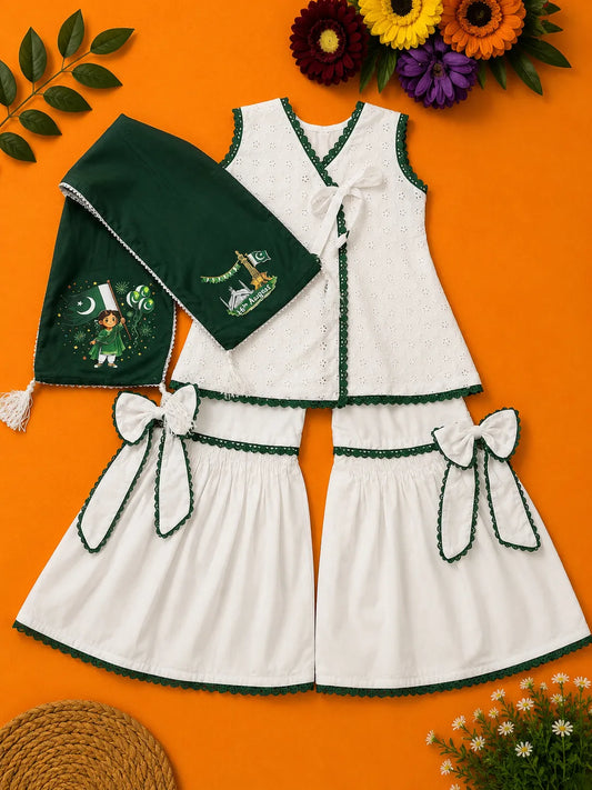Girls white embroidered suit with flared pants and Pakistan-themed green dupatta by Baby Bee Boutique