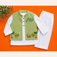 Premium boys white kurta with embellished sage green waistcoat and matching white trousers from Baby Bee Boutique's Rabi ul Awal Edit '26.