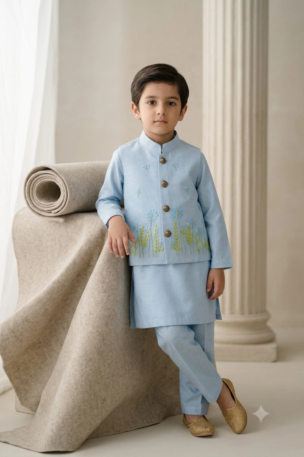 Young boy wearing a Ice blue premium raw silk kurta pajama set with a wildflower embroidered waistcoat and metallic buttons for wedding festivities.