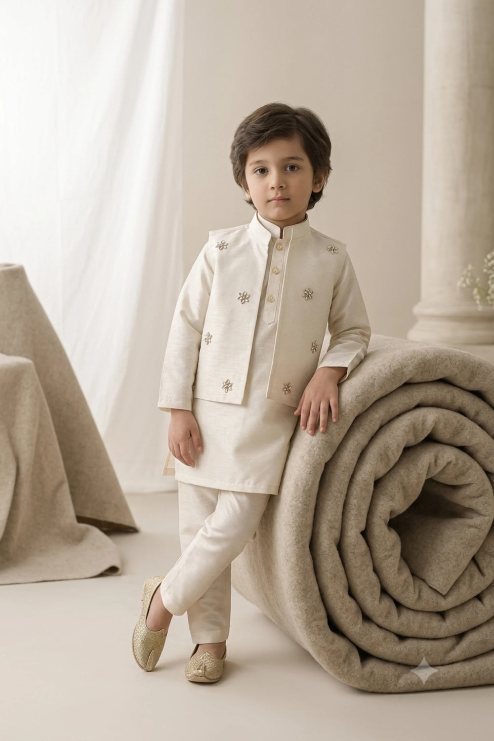 Young boy wearing an ivory cream raw silk kurta pajama set with a floral stone-embellished waistcoat and gold khussas for wedding celebrations.