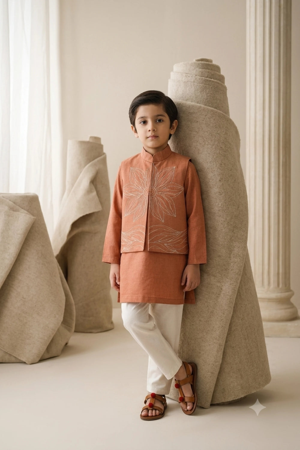 Young boy wearing a rust terracotta raw silk kurta and off-white trousers with a handcrafted beaded sunburst lotus waistcoat for wedding festivities.
