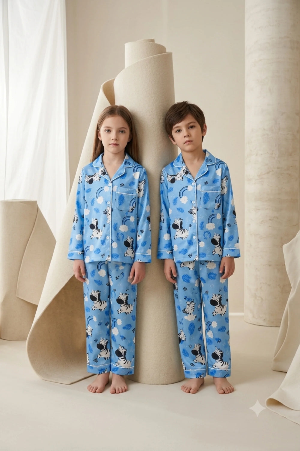 Twin girl and boy wearing matching sky blue linen button-down pajama sets featuring an illustrated zebra and rainbow cloud print with white piping.