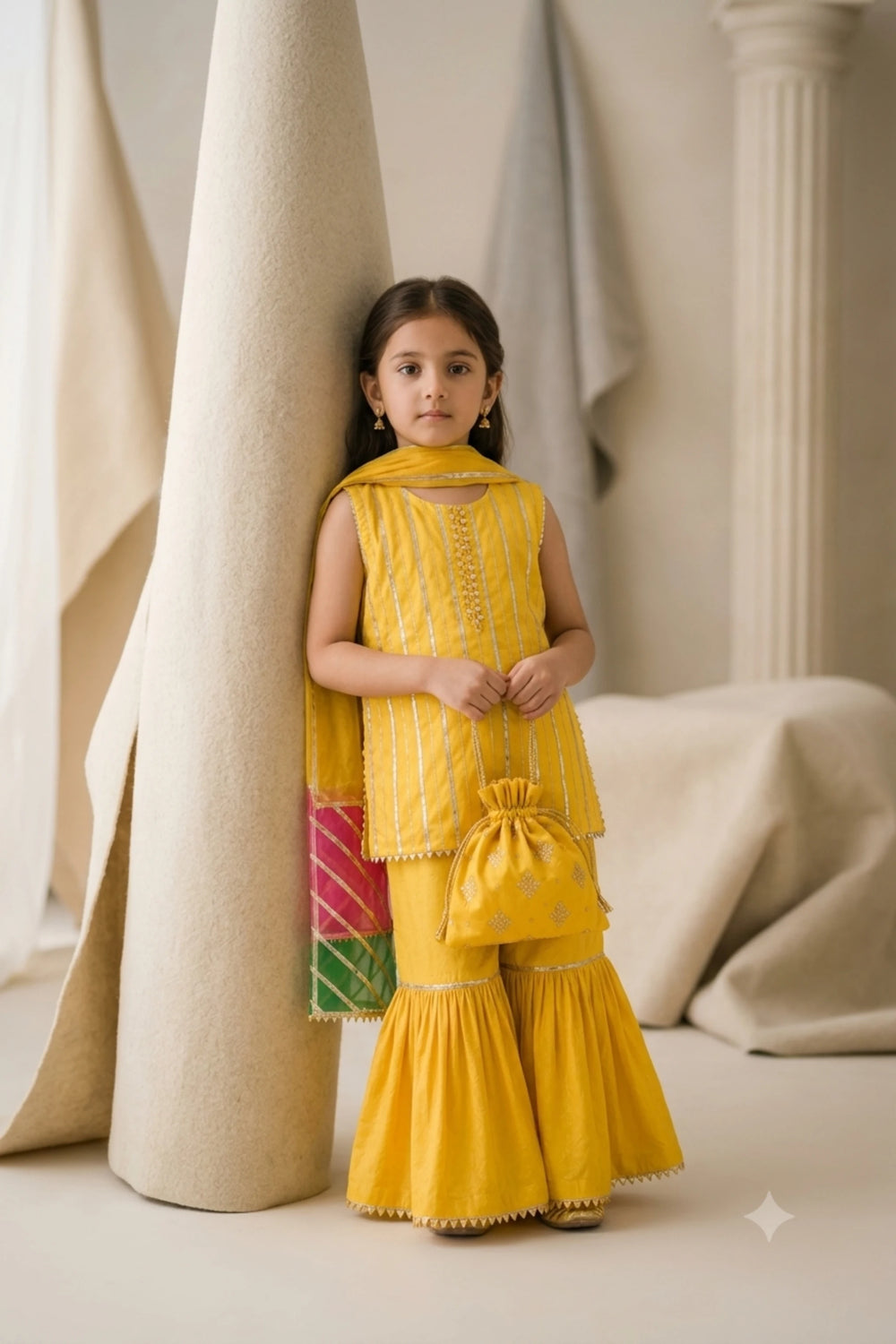 Young girl wearing a bright mustard yellow katan silk sleeveless gota kurti and flared gharara set with contrast border dupatta and matching potli bag.