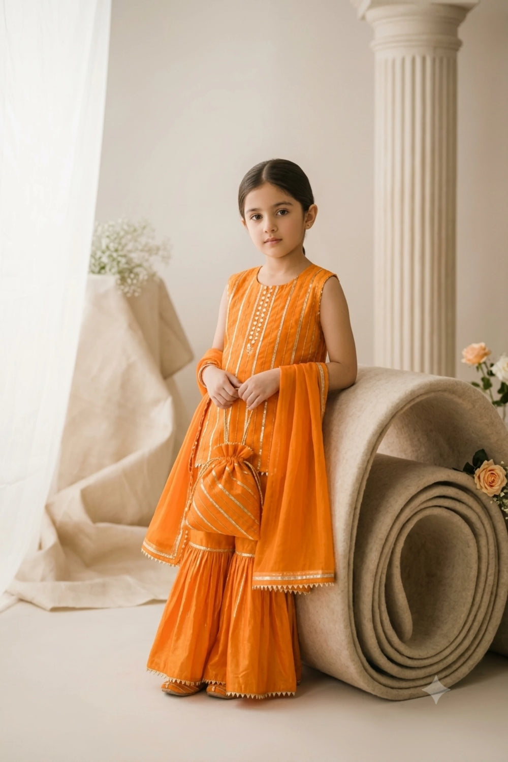 Young girl wearing a marigold orange katan silk sleeveless gota kurti and flared gharara set with matching dupatta, potli bag, and gold khussas.