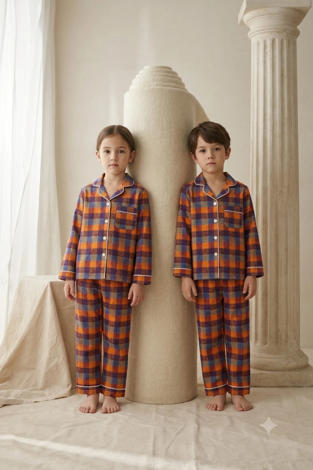 Twin girl and boy standing side by side wearing matching orange and navy blue plaid cotton button-down pajama sets.