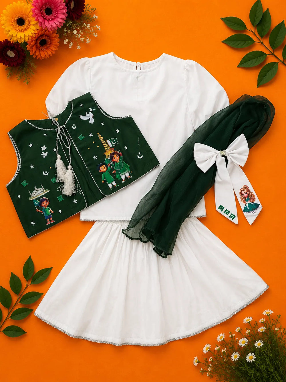 Girls white Independence Day dress with Pakistan-themed printed green waistcoat, chiffon dupatta and matching bow by Baby Bee Boutique