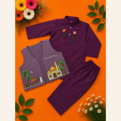 Boys purple kurta pajama with embroidered Islamic waistcoat featuring mosque, camel caravan and سرکار کی آمد مرحبا design from the Rabi ul Awal Edit '26 by Baby Bee Boutique.