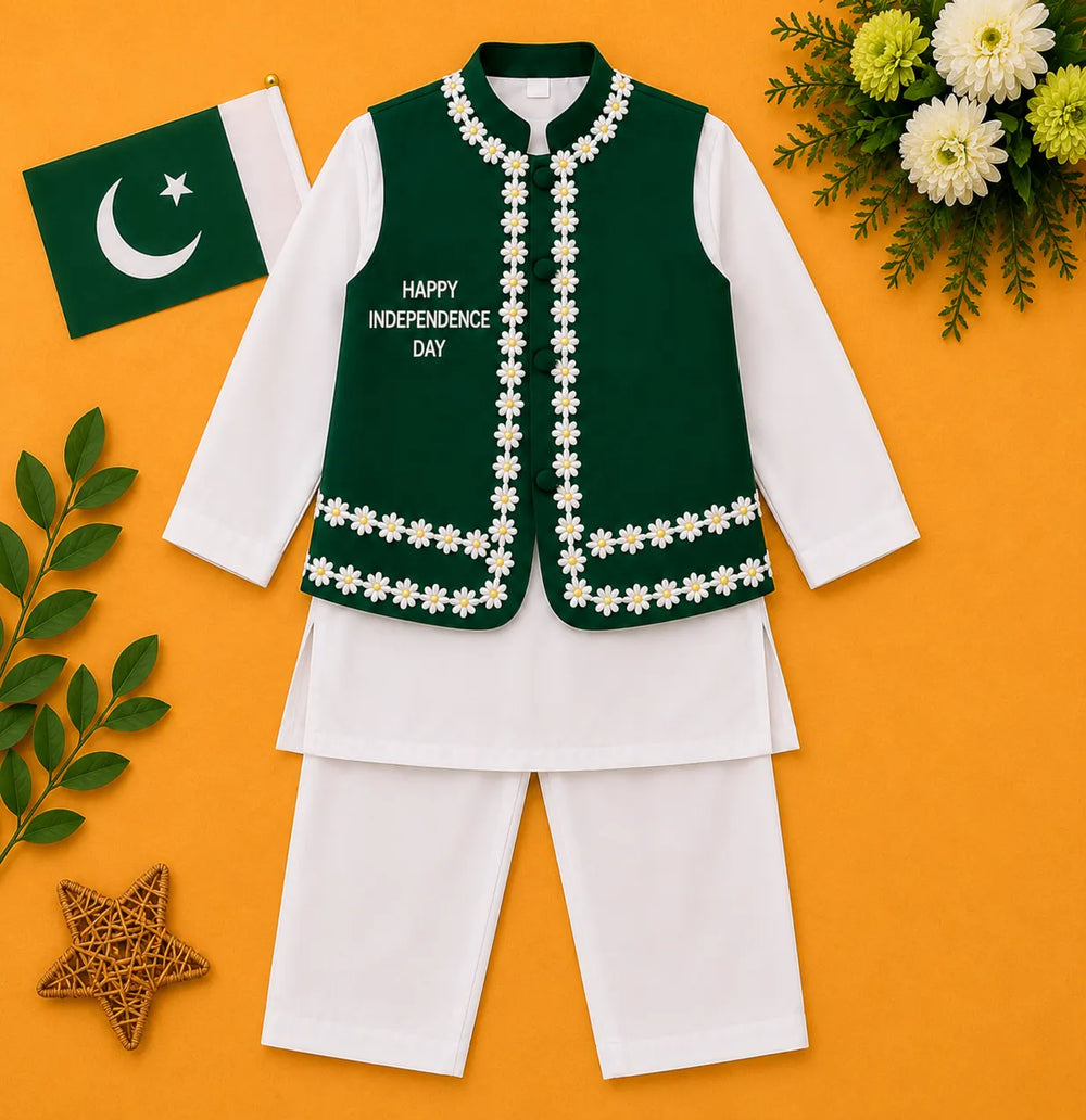 Boys white cotton kurta shalwar with green floral Independence Day waistcoat by Baby Bee Boutique