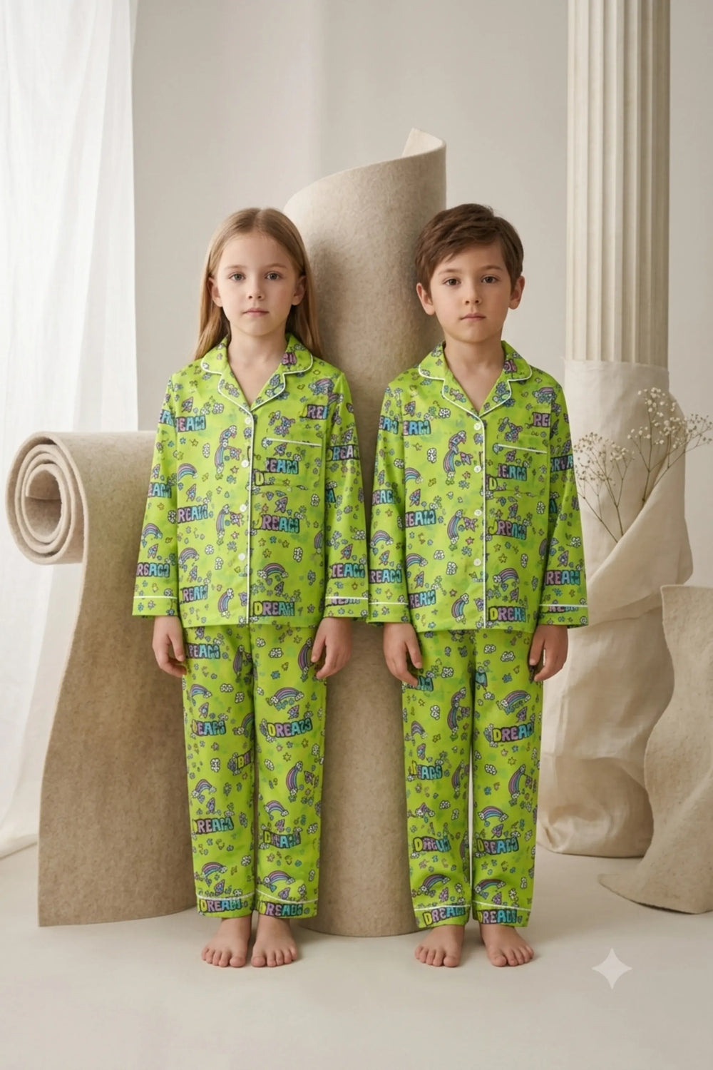 Twin girl and boy standing side by side wearing matching vibrant lime green linen button-down pajama sets with colorful dream and rainbow prints.