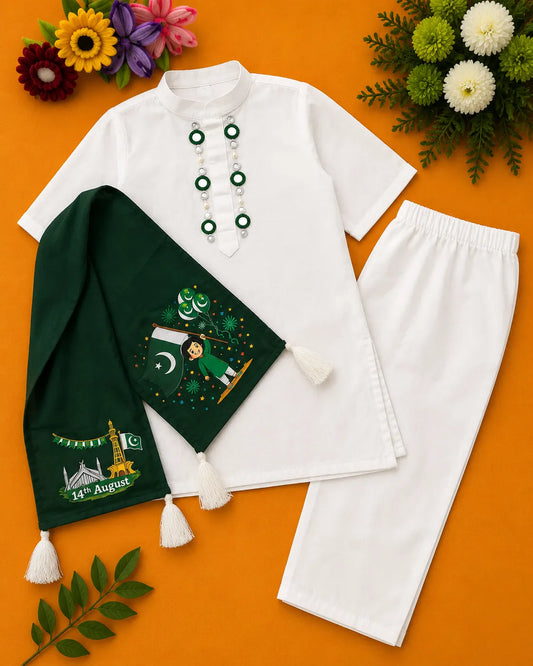 Boys white kurta trouser set with Pakistan Independence Day shawl and tassels by Baby Bee Boutique