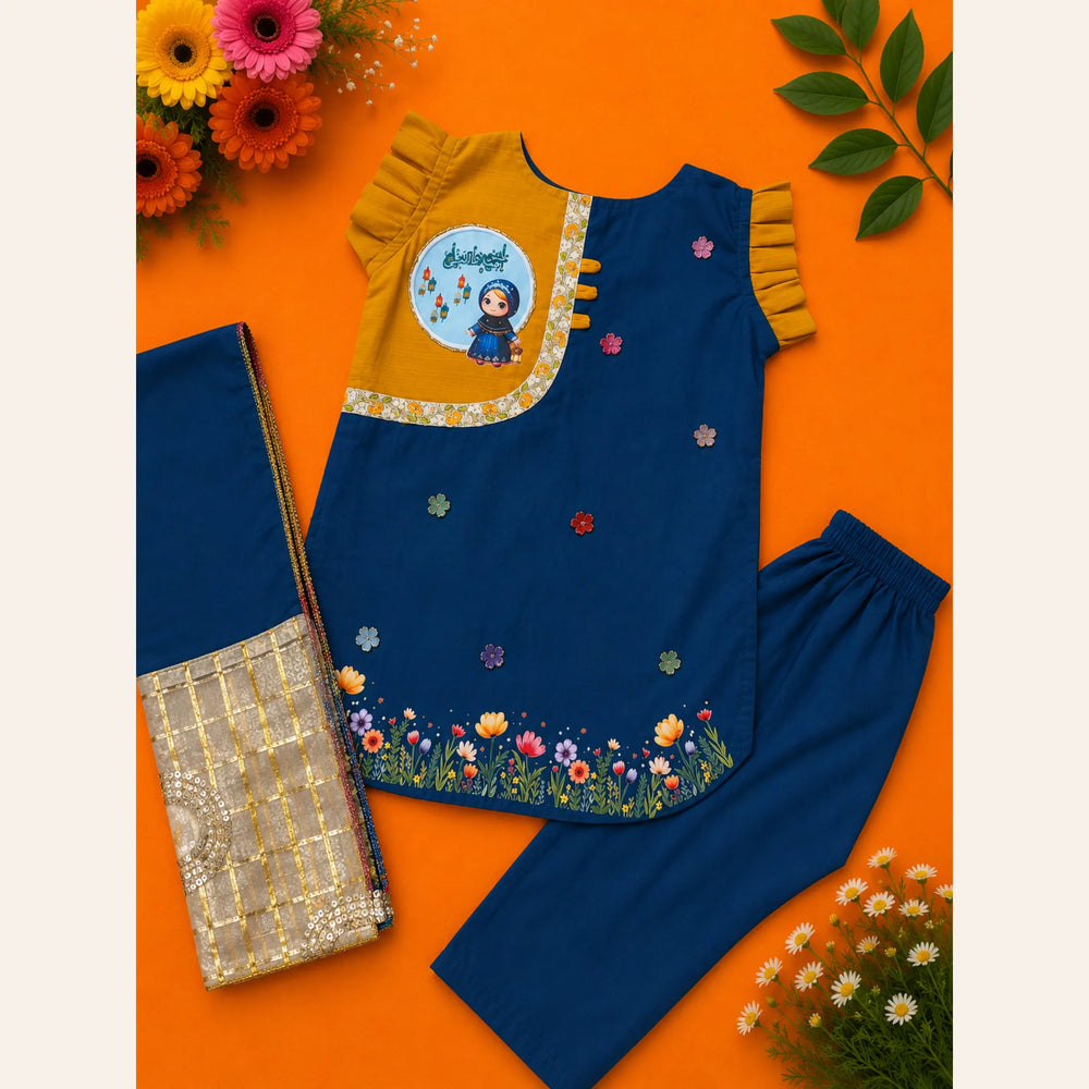 Girls royal blue and mustard Rabi ul Awal 3-piece dress with premium dupatta by Baby Bee Boutique