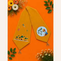 Mustard gold kids decorative muffler featuring Masjid-e-Nabawi, lanterns, Quran reading illustration and Islamic artwork from Baby Bee Boutique's Rabi ul Awal Edit '26.