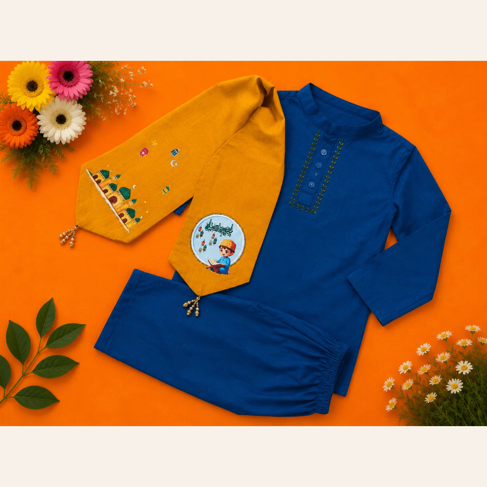 Royal blue boys kurta pajama with mustard Rabi ul Awal scarf featuring Masjid-e-Nabawi ﷺ artwork and Quran reading illustration from Baby Bee Boutique's Rabi ul Awal Edit '26.