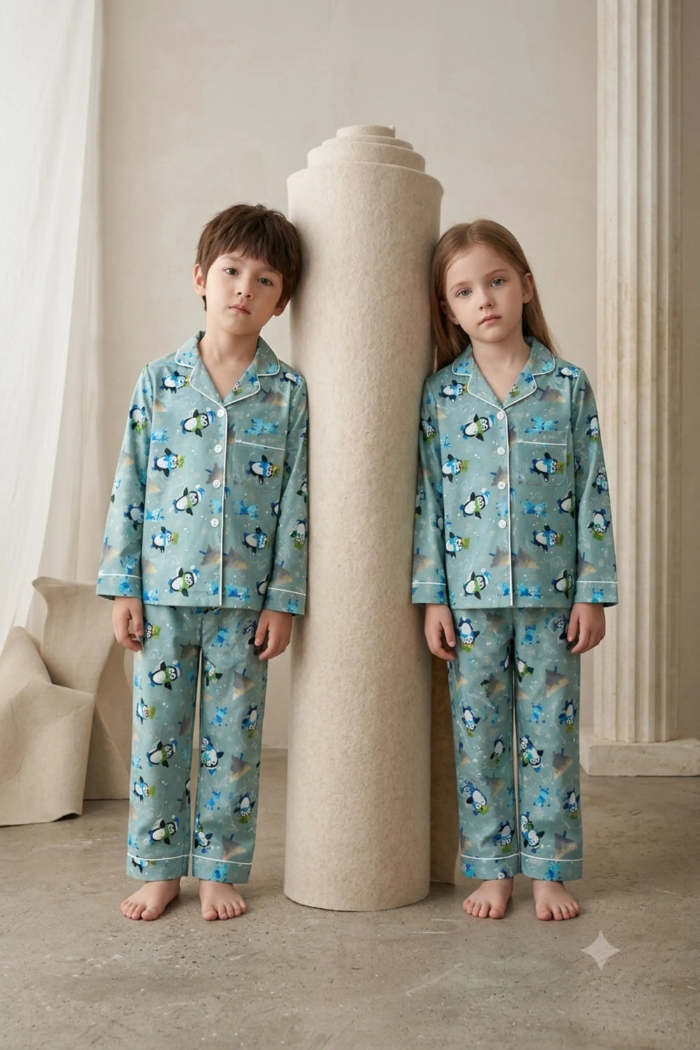 Twin boy and girl wearing matching dusty mint green linen button-down pajama sets featuring a playful penguin and winter print with white piping.
