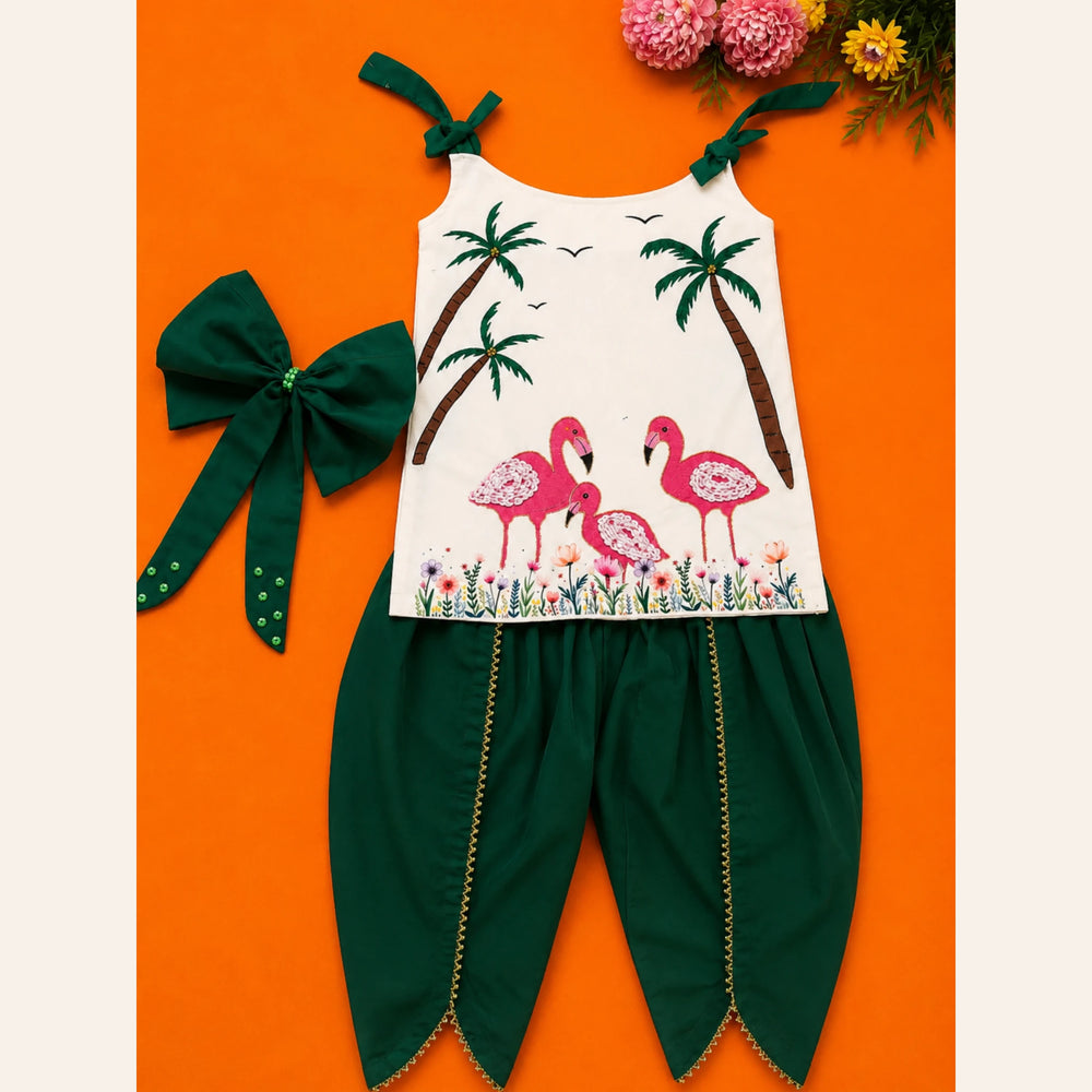 Premium girls ivory flamingo print top with emerald green tulip shalwar and matching bow from Baby Bee Boutique's Rabi ul Awal Edit '26.