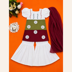 Premium infant and toddler girls outfit featuring white embroidered kurti, olive green and maroon daisy design, farshi trousers and maroon chiffon dupatta from Baby Bee Boutique's Rabi ul Awal Edit '26.