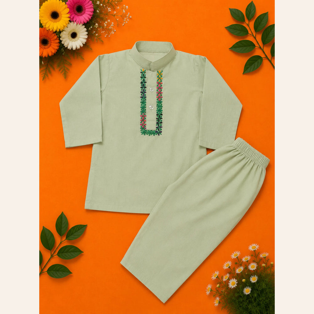 Premium sage green embroidered boys kurta and trouser set featuring colourful floral embroidery on the placket from Baby Bee Boutique's Rabi ul Awal Edit '26.