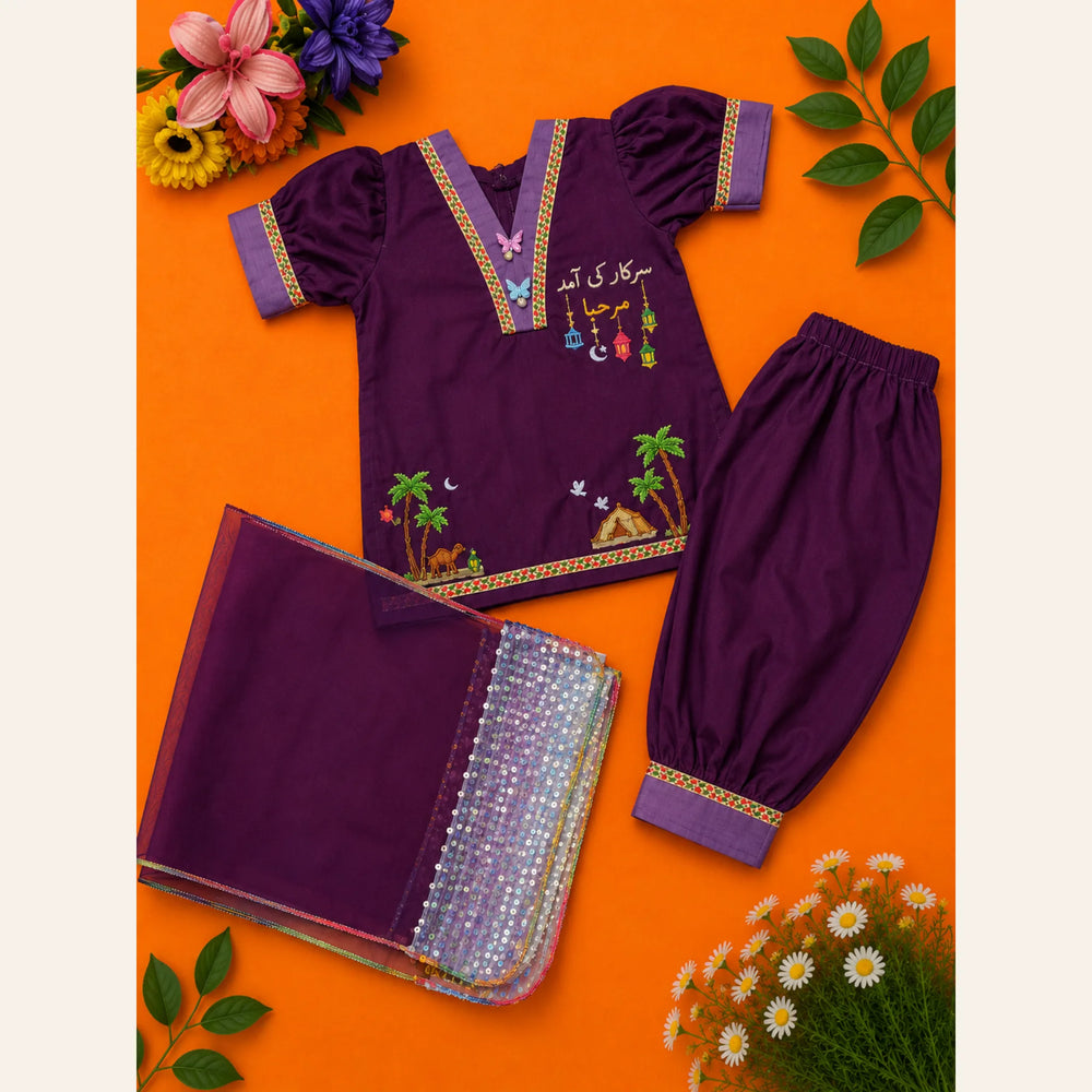Girls royal purple Rabi ul Awal 3-piece dress with سرکار کی آمد مرحبا embroidery and sequined chiffon dupatta by Baby Bee Boutique.