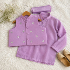 Lilac Raw Silk Gota-Embellished - Waistcoat Kurta Set