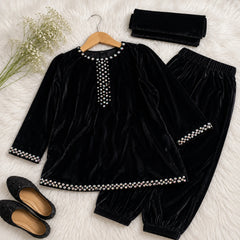 Shehzadi Midnight Noir Velvet Pearl-Embellished Kurti Set