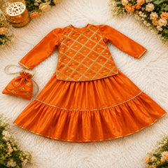 Shehzadi Marigold Orange Katan Silk Gota Kurti & Sharara Set