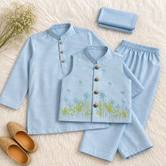 Little Nawab Ice Blue Set - Semi Embroidered