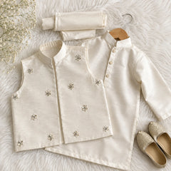 Pearl Ivory Raw Silk Embellished - Kurta Waistcoat Set