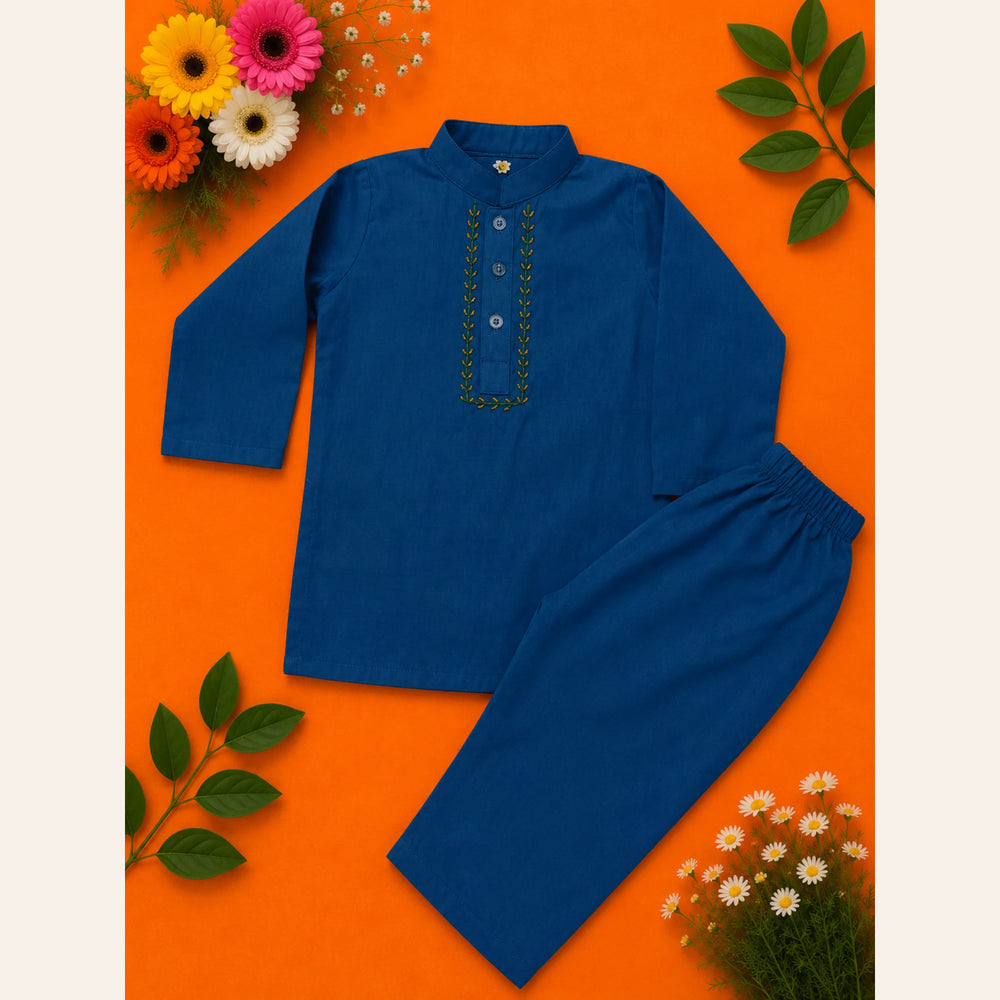 Royal blue boys embroidered kurta pajama with elegant neckline embroidery from Baby Bee Boutique's Rabi ul Awal Edit '26, perfect for Eid Milad-un-Nabi ﷺ and Islamic celebrations.