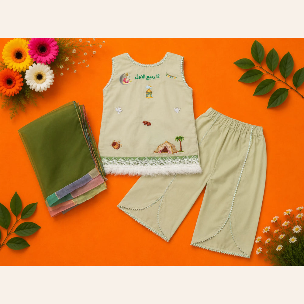 Girls sage green Rabi ul Awal 3-piece dress with Islamic embroidery, tulip trousers and chiffon dupatta by Baby Bee Boutique.