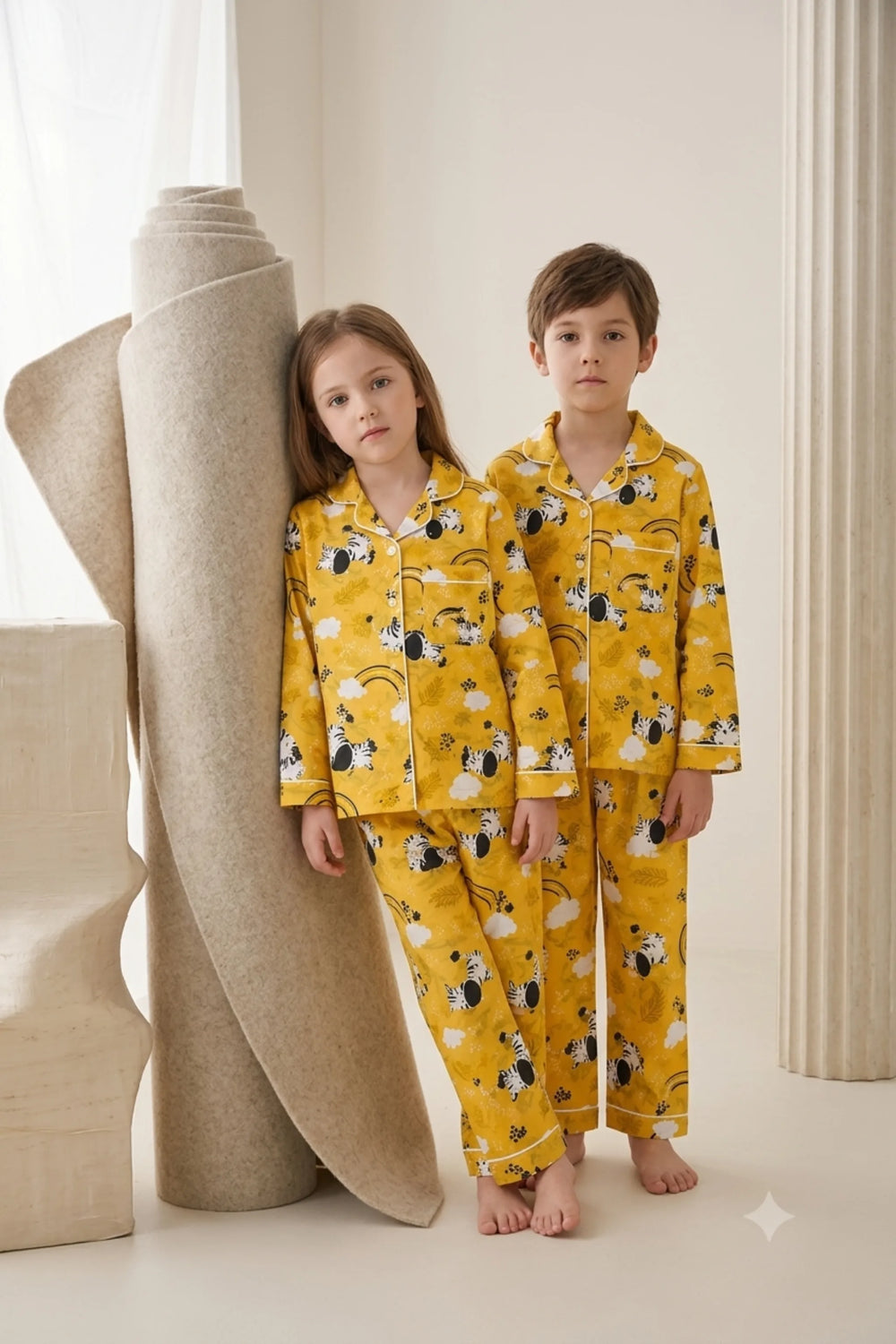 Twin girl and boy wearing matching golden mustard yellow linen button-down pajama sets featuring a playful zebra and cloud print with white piping.
