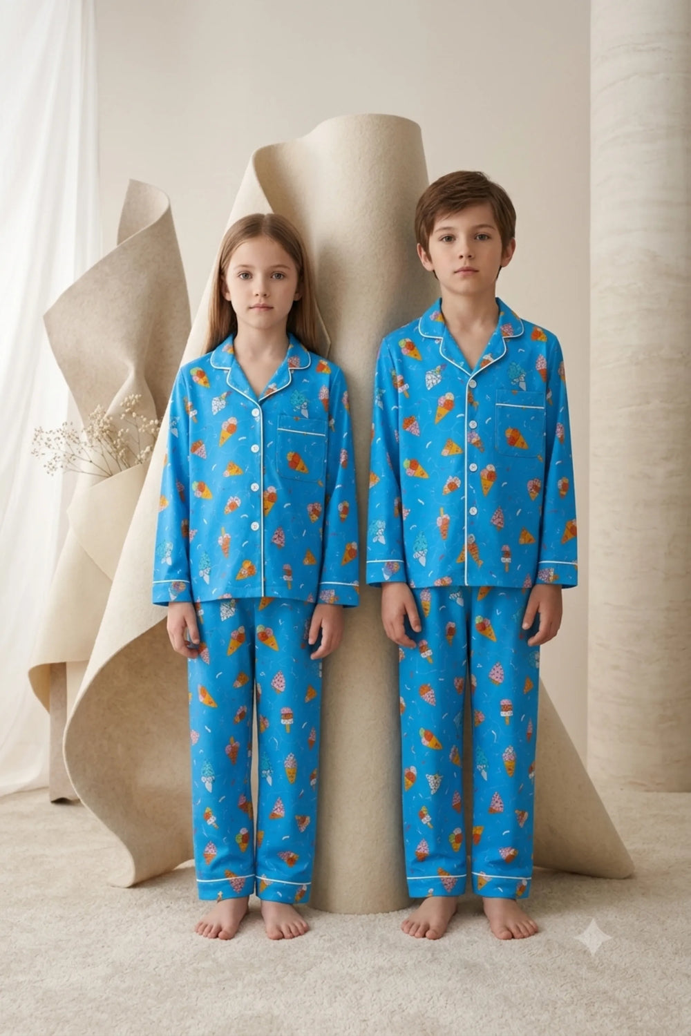 Twin girl and boy wearing matching bright cerulean blue linen button-down pajama sets featuring a colorful waffle ice cream cone print with white piping.