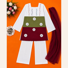 Premium women's white, olive green and maroon embroidered 3-piece suit with chiffon dupatta from Baby Bee Boutique's Mom & Me Collection – Rabi ul Awal Edit '26.