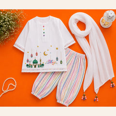 Premium embellished white girls kurti with colourful tulip trousers and chiffon dupatta from Baby Bee Boutique's Rabi ul Awal Edit '26'.